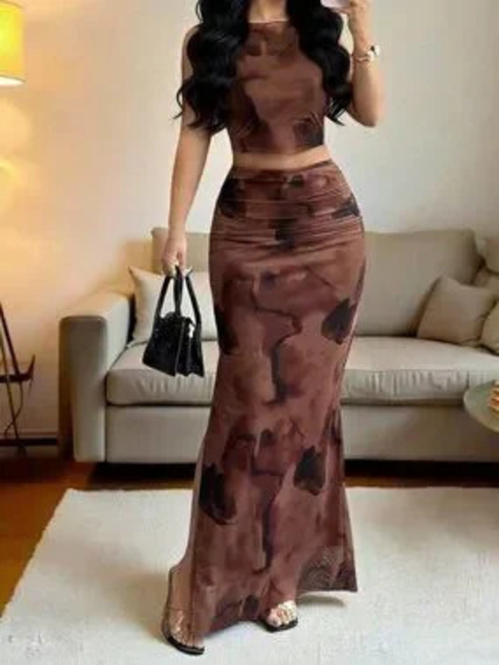Coffee Brown Casual Women's Checkered Mesh Sleeveless Vest Top & Slit Skirt Set